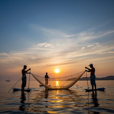 Fishermen Casting Net at Sunset