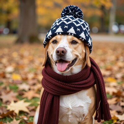 Dog in Winter Hat and Scarf