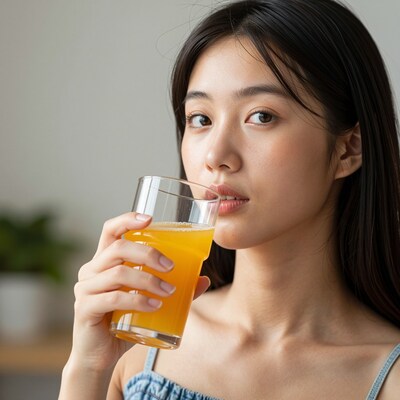 Asian woman drinking orange juice