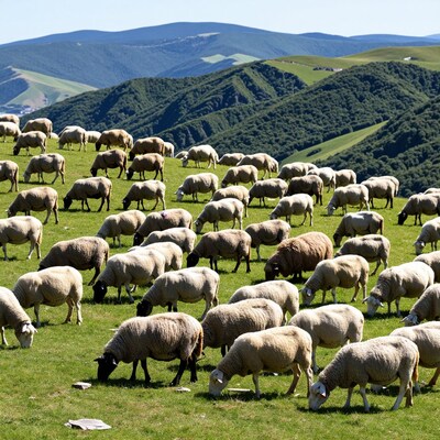 Flock of Sheep Grazing Hillside