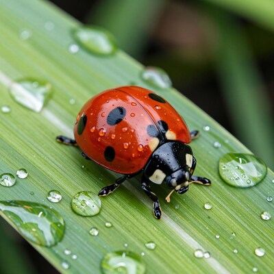Red Ladybug on Wet Leaf