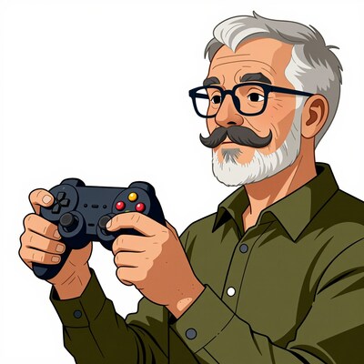 Elderly man playing video game