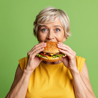 Elderly woman eating cheeseburger