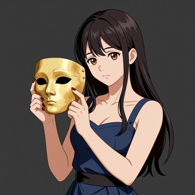 Anime girl holding golden mask