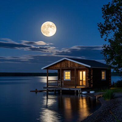 Moonlit Lakeside Cabin