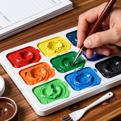 Hand dipping paintbrush in green watercolor palette