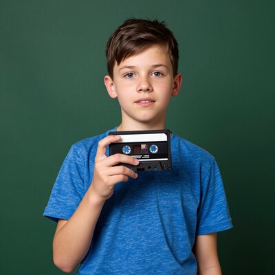 Boy holding vintage cassette tape