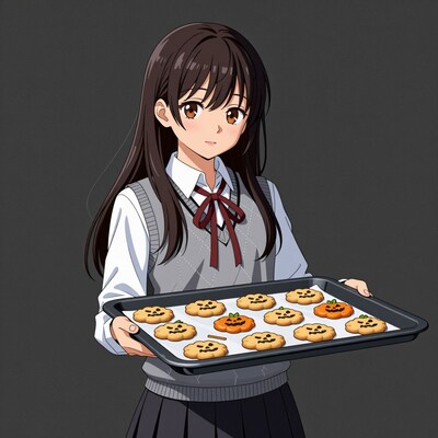 Anime Girl Holding Halloween Pumpkin Cookies