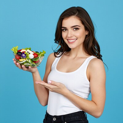Smiling woman holding fresh salad