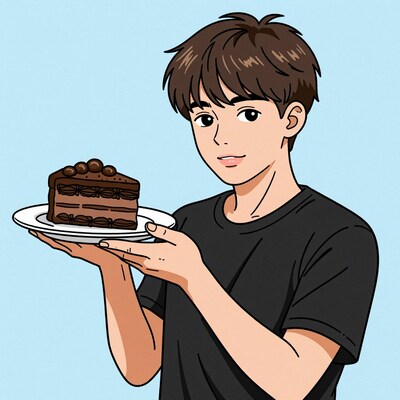 Boy holding chocolate cake slice