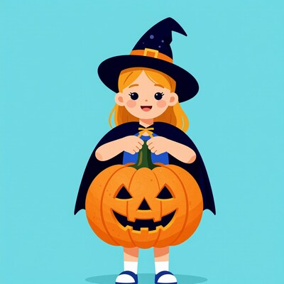Cartoon Girl Witch with Pumpkin