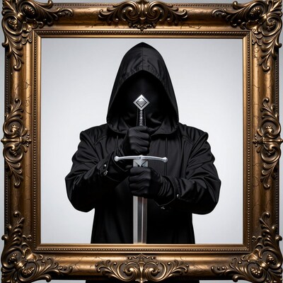 Hooded Assassin with Sword in Ornate Frame
