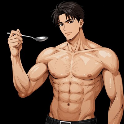 Muscular man holding spoon