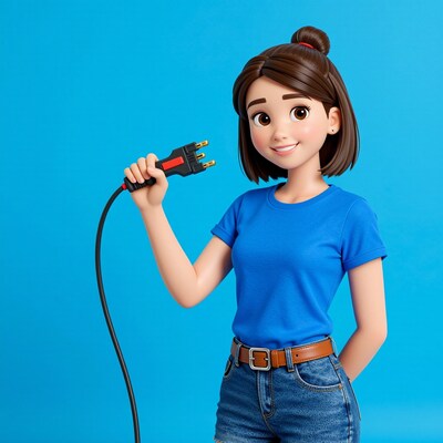 Cartoon girl holding electrical plug