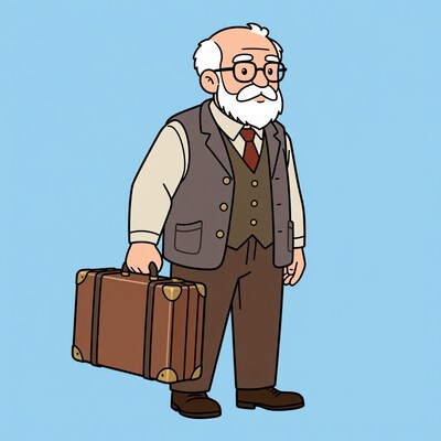 Cartoon Elderly Man with Suitcase
