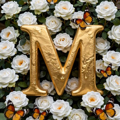 Golden Letter M with White Roses and Butterflies