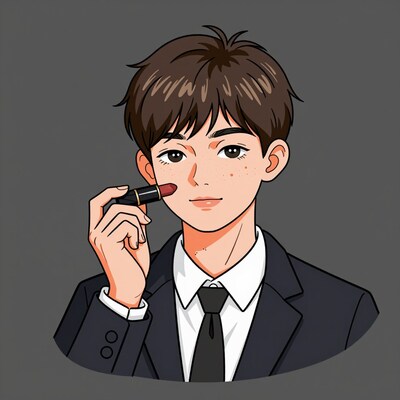 Anime boy applying lipstick