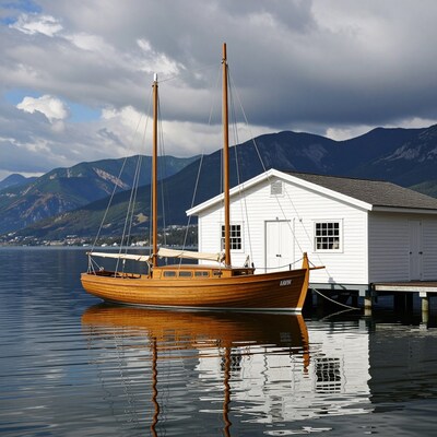 Wooden Sailboat at Lakeside Boathouse