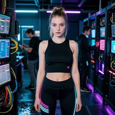 Woman in Neon Server Room