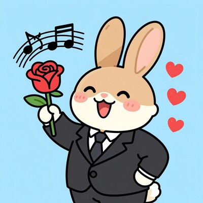 Cartoon bunny singing with rose