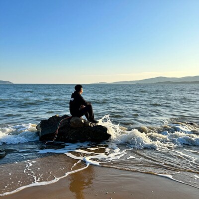 Man Sitting on Rock by Ocean
