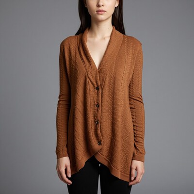 Woman in brown cable knit cardigan