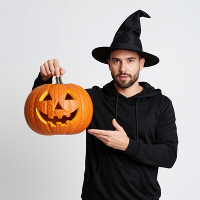 Man in witch hat holding jack o lantern