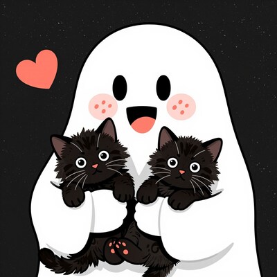 Ghost hugging black kittens