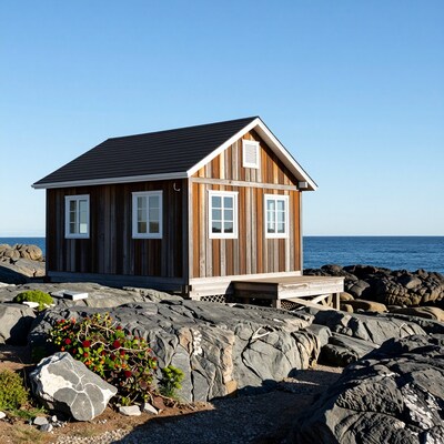 Coastal Wooden Cabin on Rocky Shore