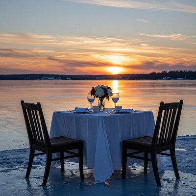 Romantic Dinner Table on Frozen Lake at Sunset