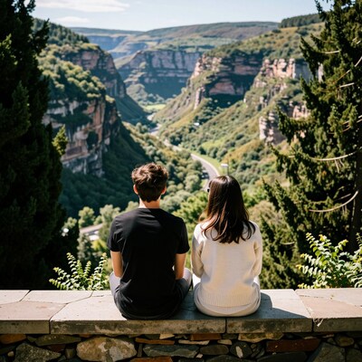 Couple overlooking scenic canyon