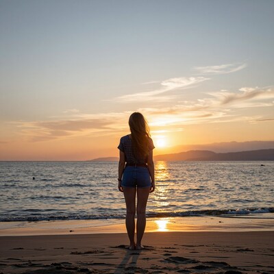 Woman watching sunset on beach