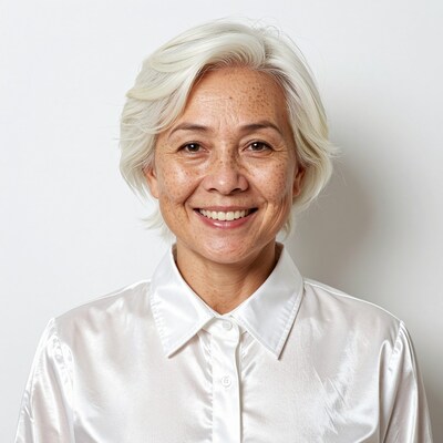 Smiling elderly woman with white hair
