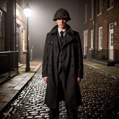 Sherlock Holmes on foggy cobblestone street