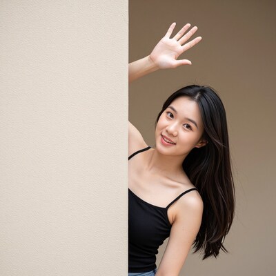 Young Asian woman peeking from wall