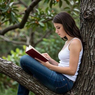 Woman reading book in tree
