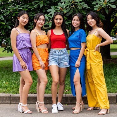 Five Asian women in colorful outfits