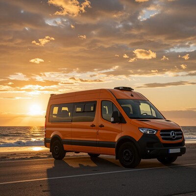 Orange Mercedes Van at Sunset Beach