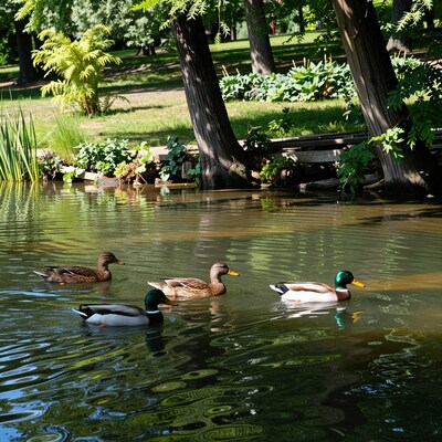 Ducks Swimming in Pond