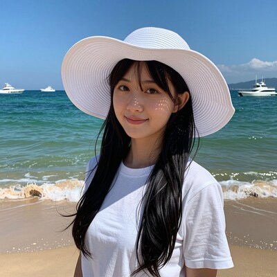 Asian woman in white sun hat on beach