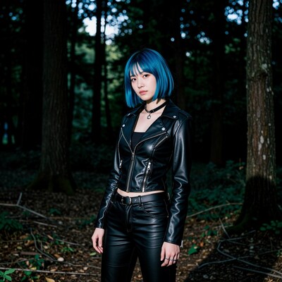 Blue-haired woman in leather jacket forest