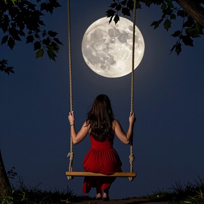 Woman on Swing Under Full Moon