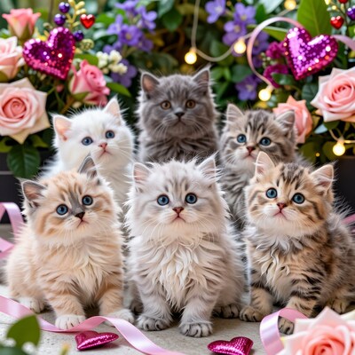 Adorable Fluffy Kittens with Hearts and Roses
