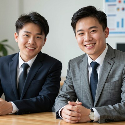 Two smiling Asian businessmen in suits