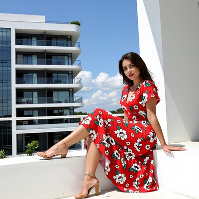 Woman in red floral dress
