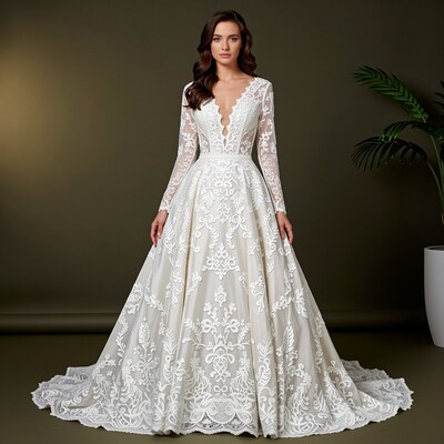 Woman in Elegant White Lace Wedding Dress