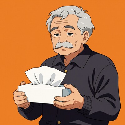 Sad elderly man with tissue box