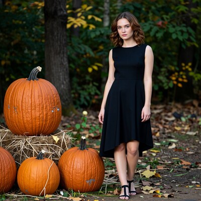 Woman in black dress with pumpkins