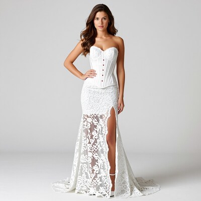 Woman in White Lace Wedding Dress