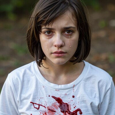 Crying woman with bloody shirt